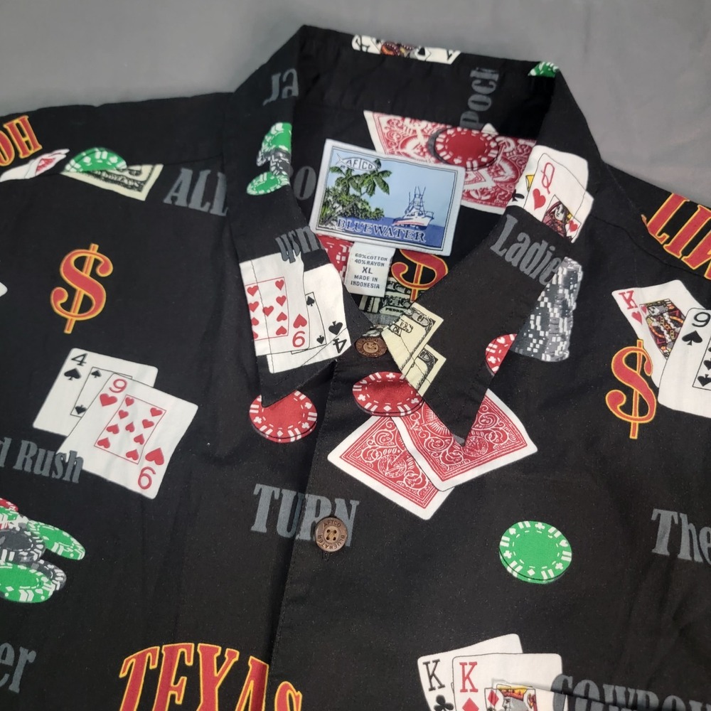 AFTCO Bluewater Hawaiian Shirt Mens XL Black Poker Texas Holdem Short Sleeve AOP